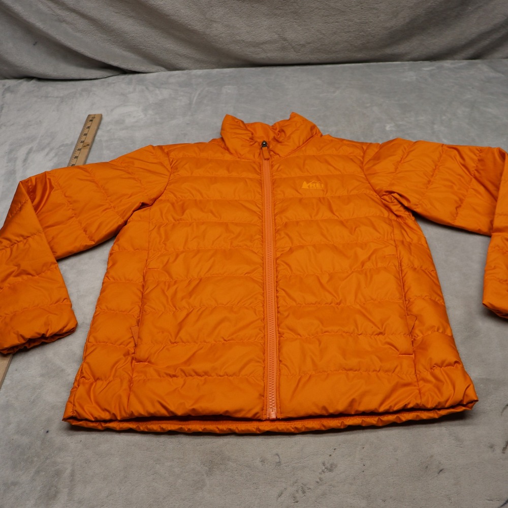 REI Down Jacket Girls Large Orange Insulated Full Zip Lightweight Quilted Puffer